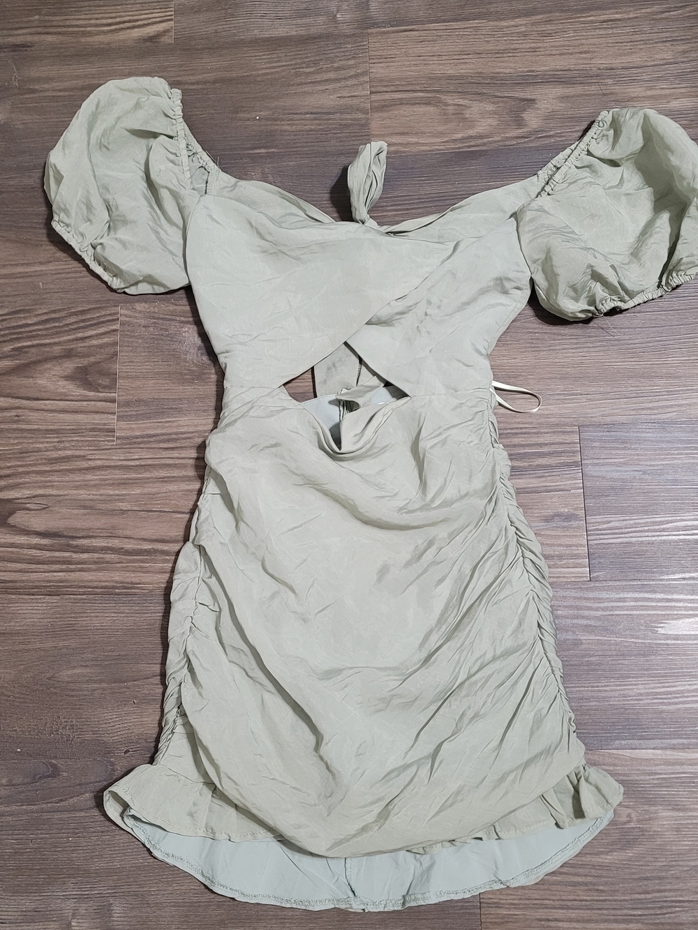 Mika & Gala Puff Sleeve Cutout Mini Dress in Sage Green 8